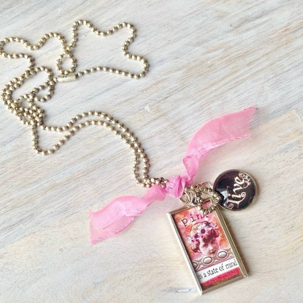 Vintage Pink Statement Charm Necklace Live Inspirational Layered Ribbon Pendant